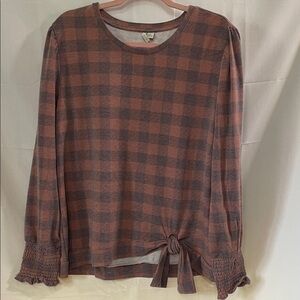 Cato Brown and Gray Plaid Blouse with Tie and Smocked Cuffs